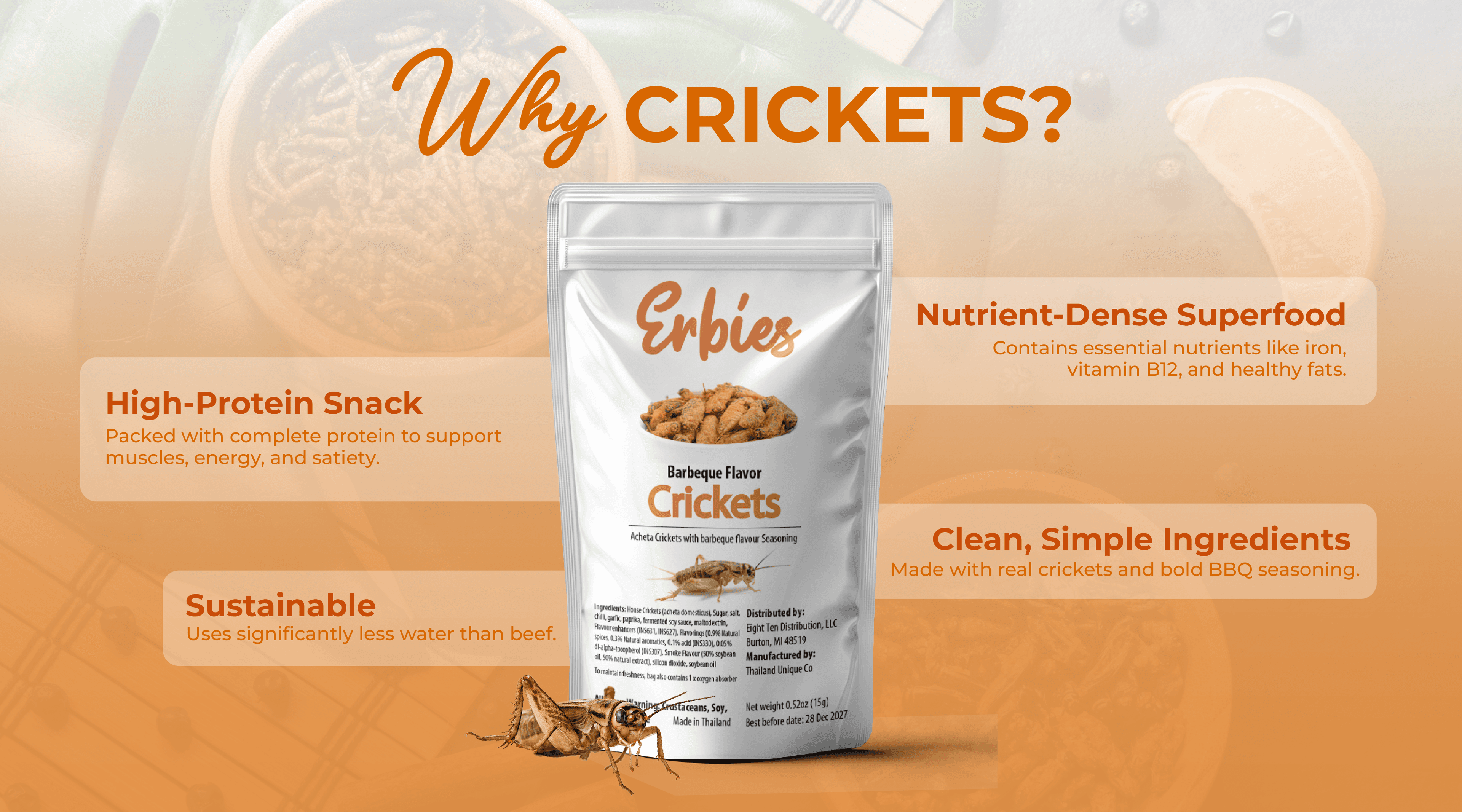 Why Crickets infographic featuring Erbies BBQ Crickets bag surrounded by four key benefits: high-protein snack, nutrient-dense superfood with iron, vitamin B12, and healthy fats, sustainable using less water than beef, and clean simple
