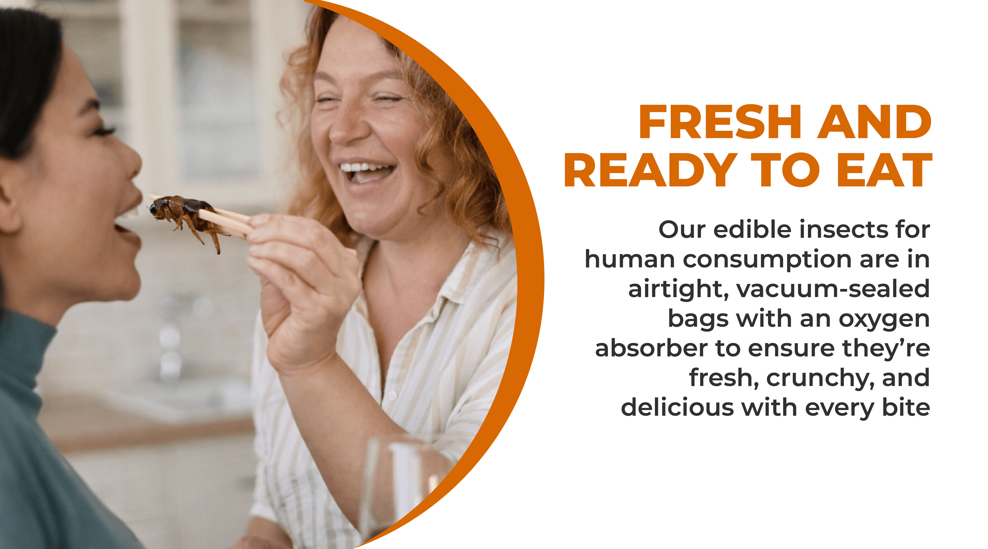 Two friends laughing while sharing edible insects, with text explaining Erbies crickets are fresh and ready to eat in airtight vacuum-sealed bags with an oxygen absorber for freshness and crunch