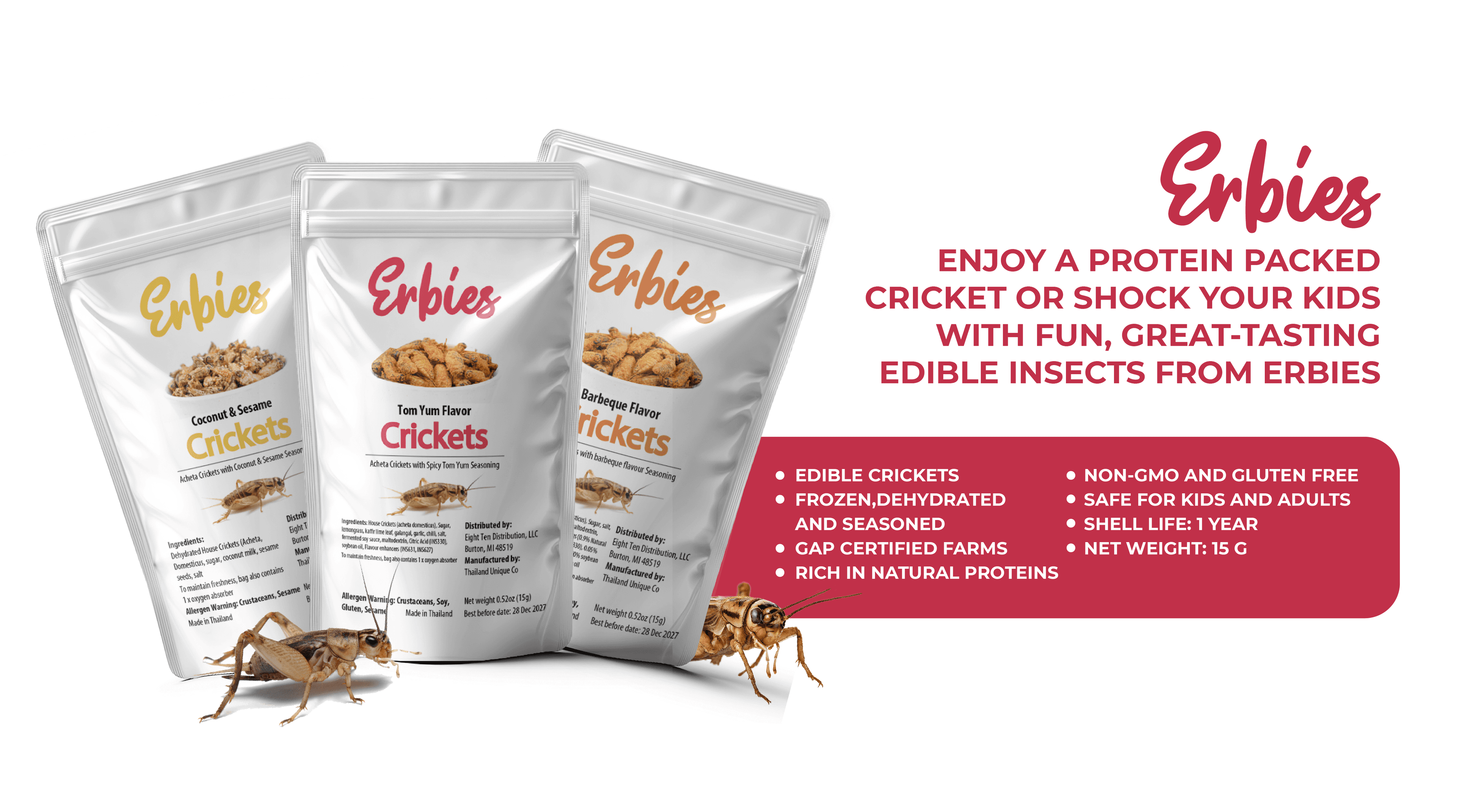 Erbies edible cricket product lineup featuring all three flavors: Coconut and Sesame, Tom Yum, and Barbeque, highlighting key benefits including non-GMO, gluten free, GAP certified farms, rich in natural proteins, and a 1-year shelf life