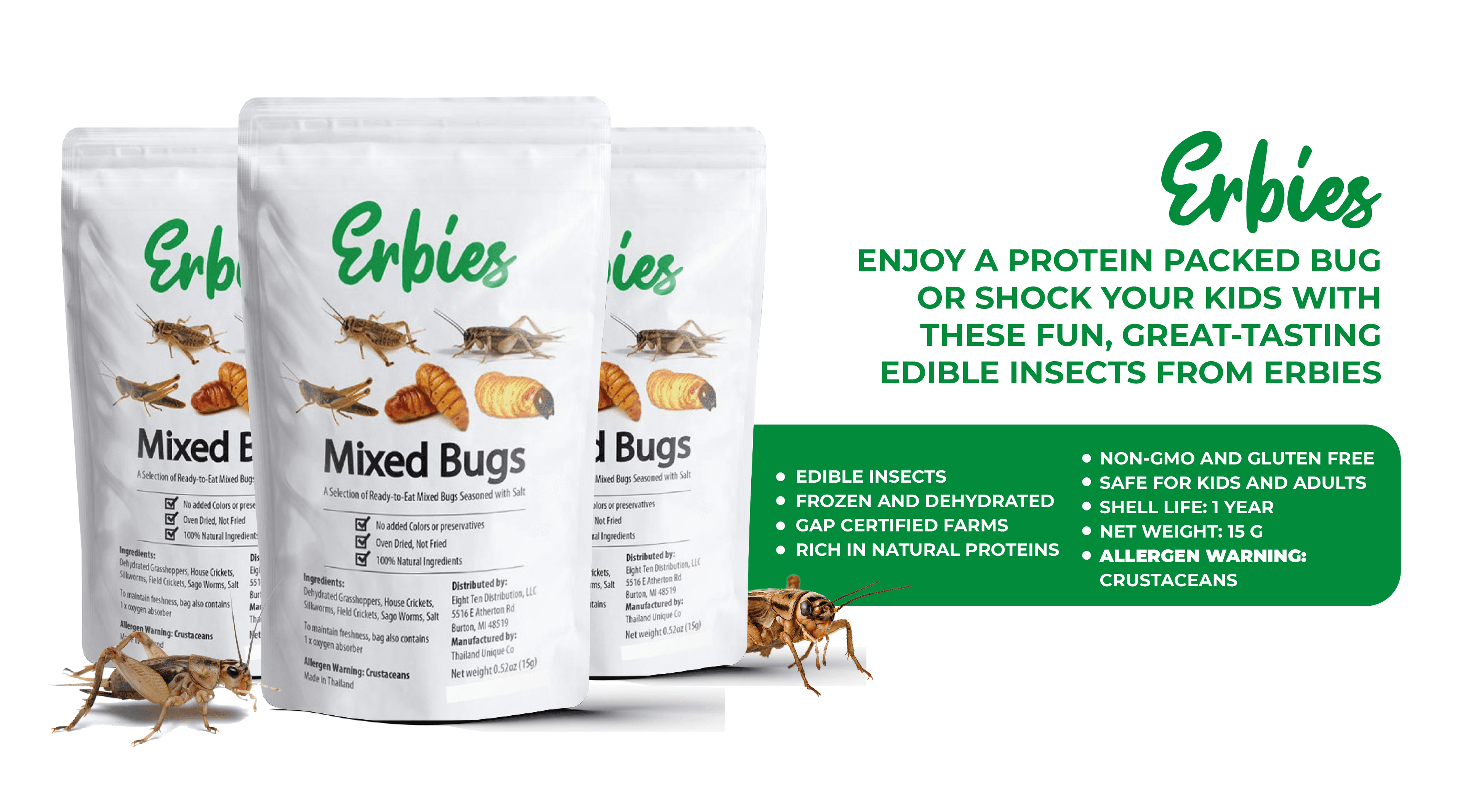 Erbies Mixed Bugs product lineup featuring three bags with text highlighting protein-packed fun edible insects, non-GMO, gluten free, GAP certified farms, frozen and dehydrated, rich in natural proteins, safe for kids and adults, 1-year shelf life, and allergen warning for crustaceans