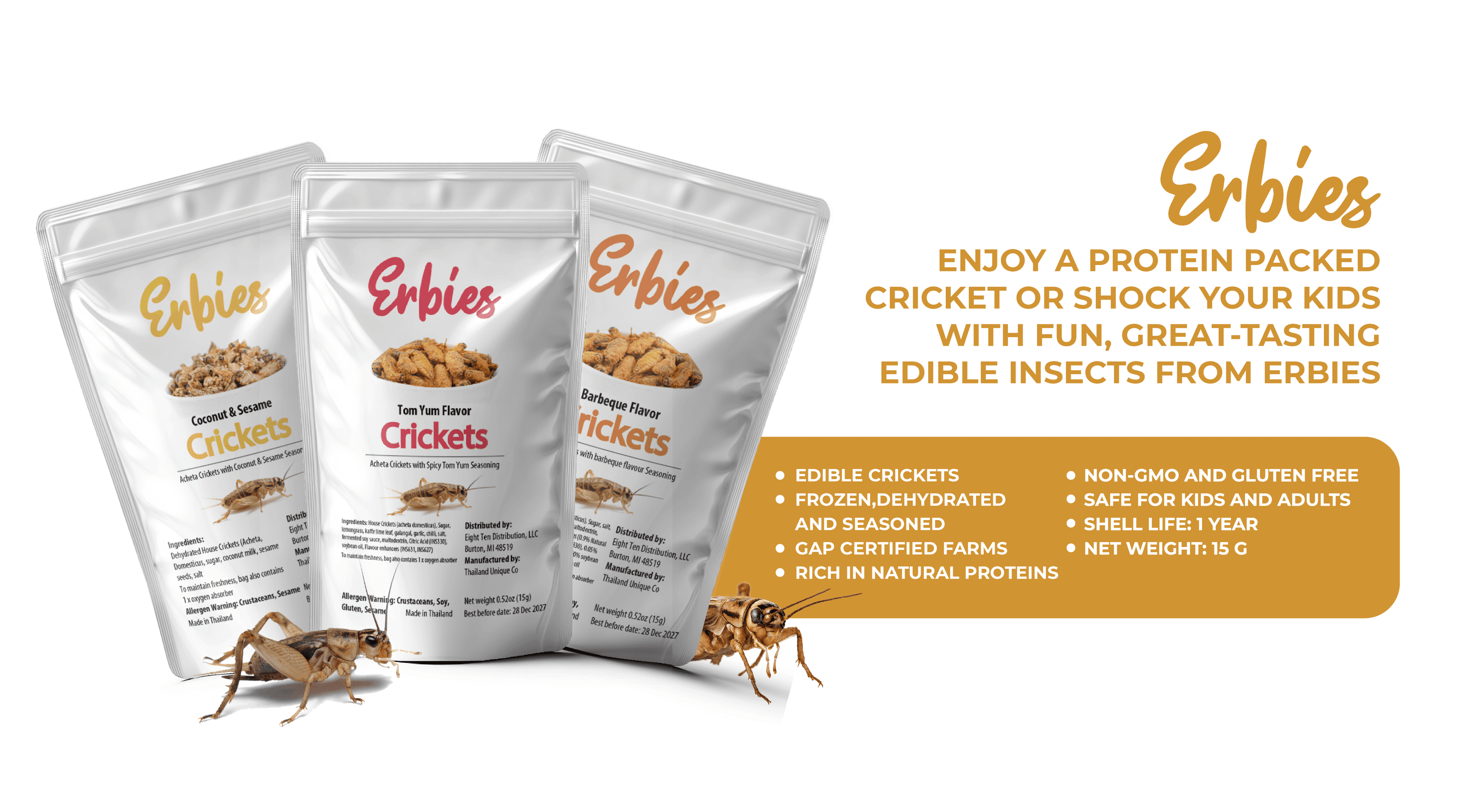 Erbies edible cricket product lineup featuring all three flavors: Coconut and Sesame, Tom Yum, and Barbeque, highlighting key benefits including non-GMO, gluten free, GAP certified farms, rich in natural proteins, and a 1-year shelf life