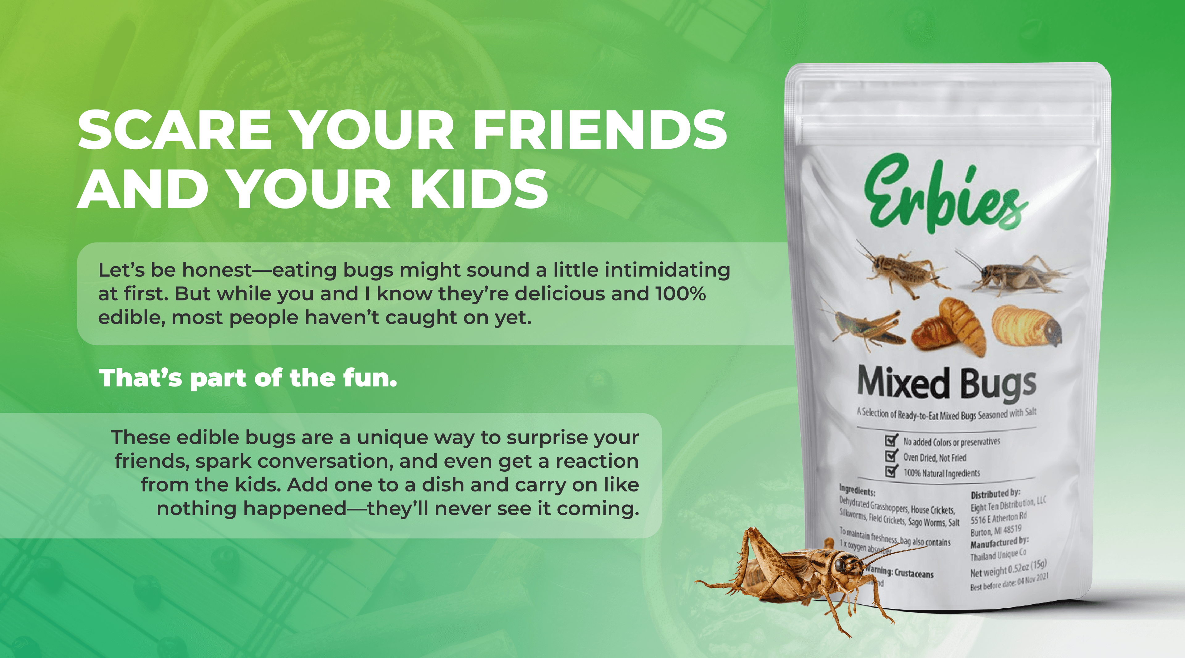 Erbies Mixed Bugs bag with playful text encouraging customers to scare friends and kids with edible bugs, describing them as delicious, 100% edible, and a fun way to surprise people and spark conversation