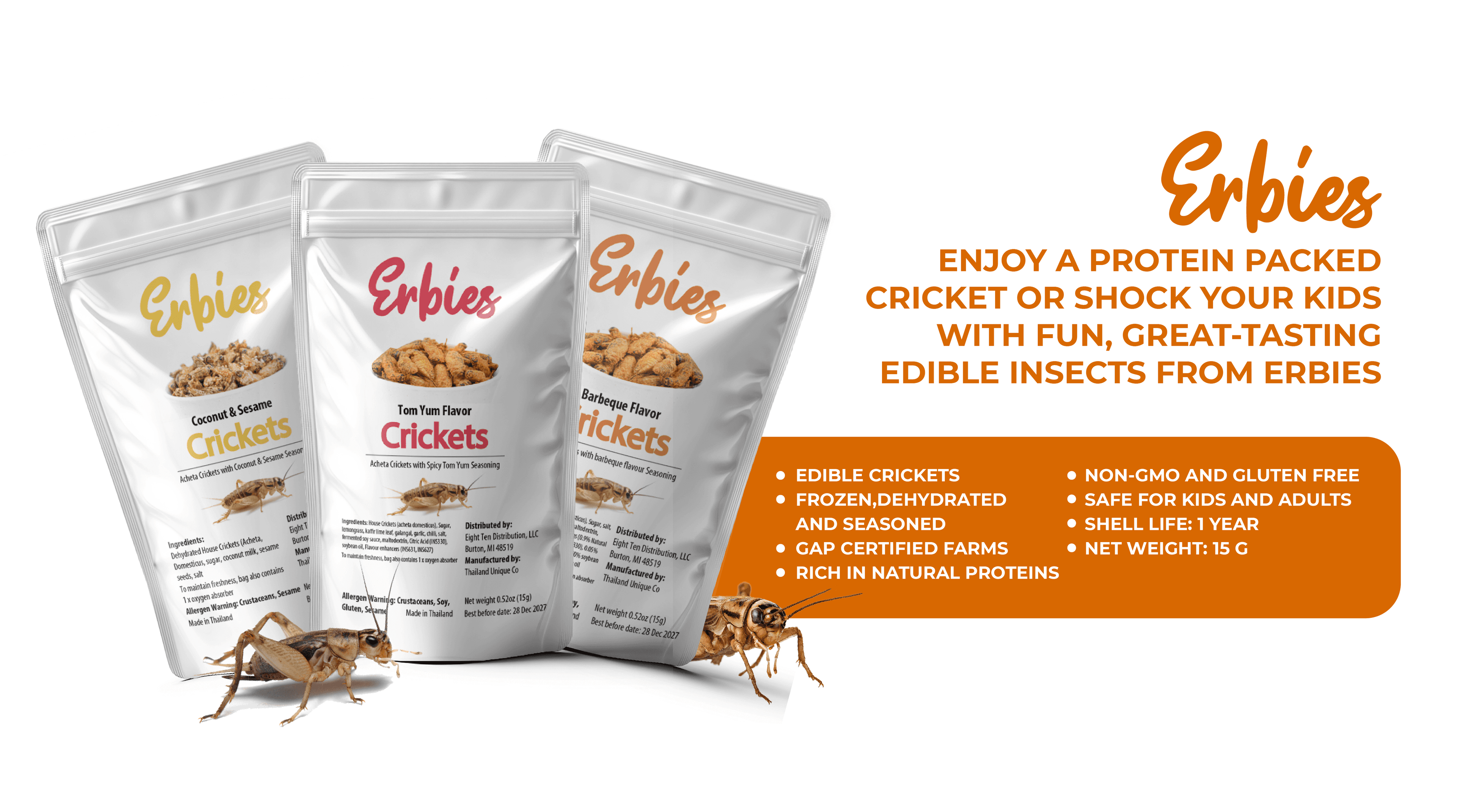 Erbies edible cricket product lineup featuring all three flavors: Coconut and Sesame, Tom Yum, and Barbeque, highlighting key benefits including non-GMO, gluten free, GAP certified farms, rich in natural proteins, and a 1-year shelf life