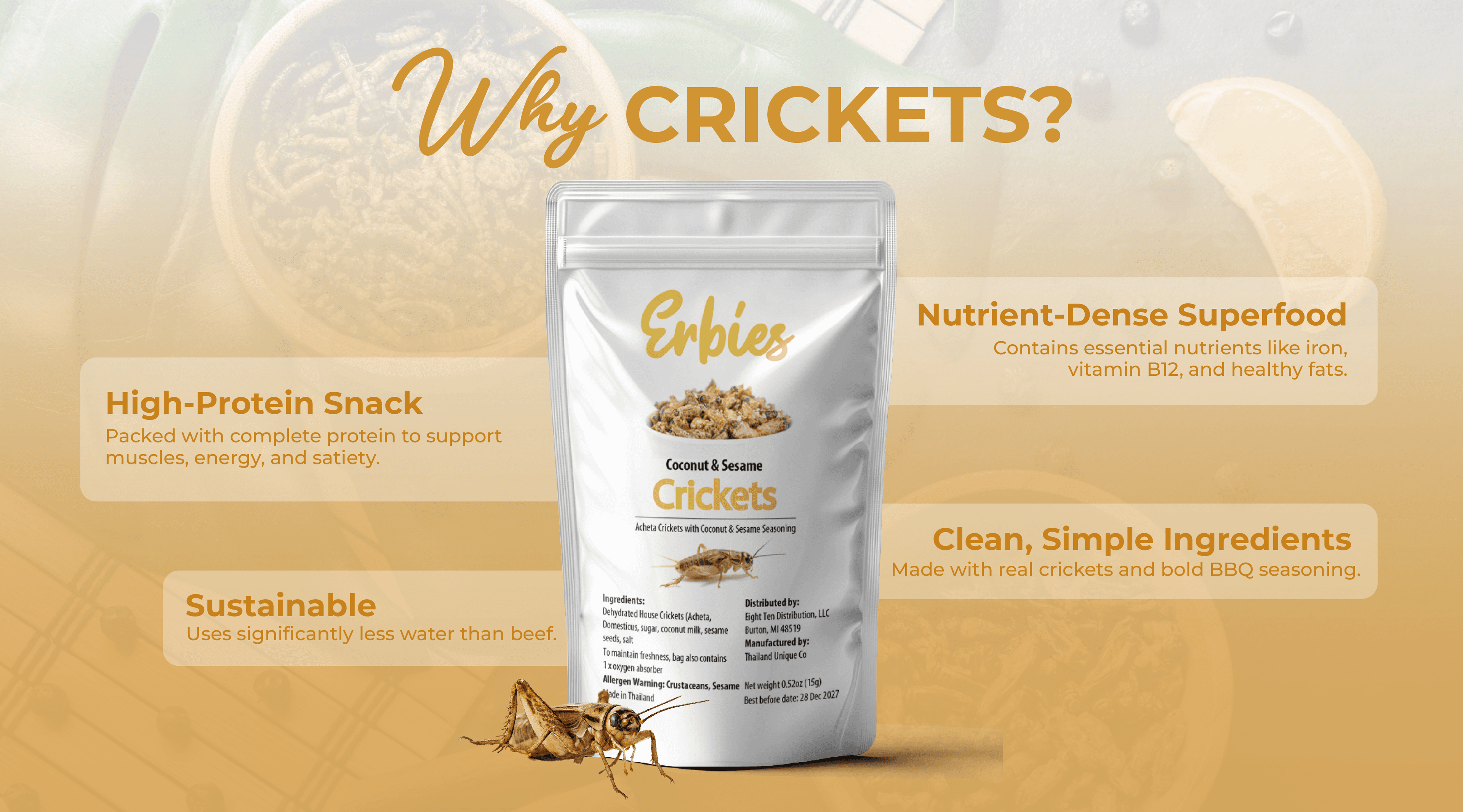 Why Crickets infographic featuring Erbies Coconut and Sesame Crickets bag surrounded by four key benefits: high-protein snack, nutrient-dense superfood with iron, vitamin B12, and healthy fats, sustainable using less water than beef, and clean simple ingredients